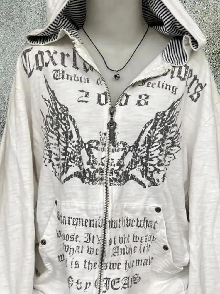 2000s Retro Vintage Sweatshirt Women Clothes White Print Tunic Hooded Y2k Coat Streetwear Fashion Casual Hoodies Tops Ropa Mujer