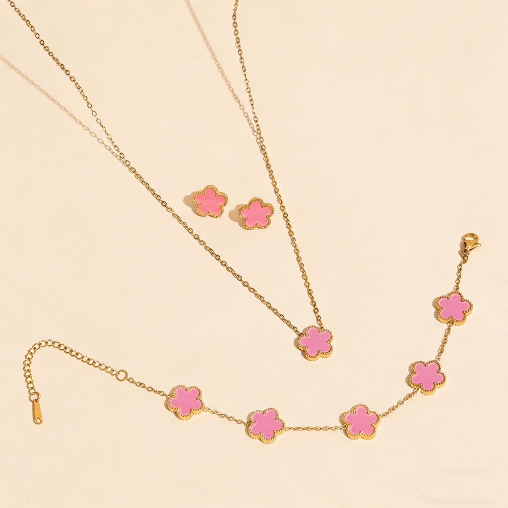 Stylish Lucky Four-Leaf Clover Jewelry Set: Titanium Steel 18K Chain Necklace, Bracelet, Earrings