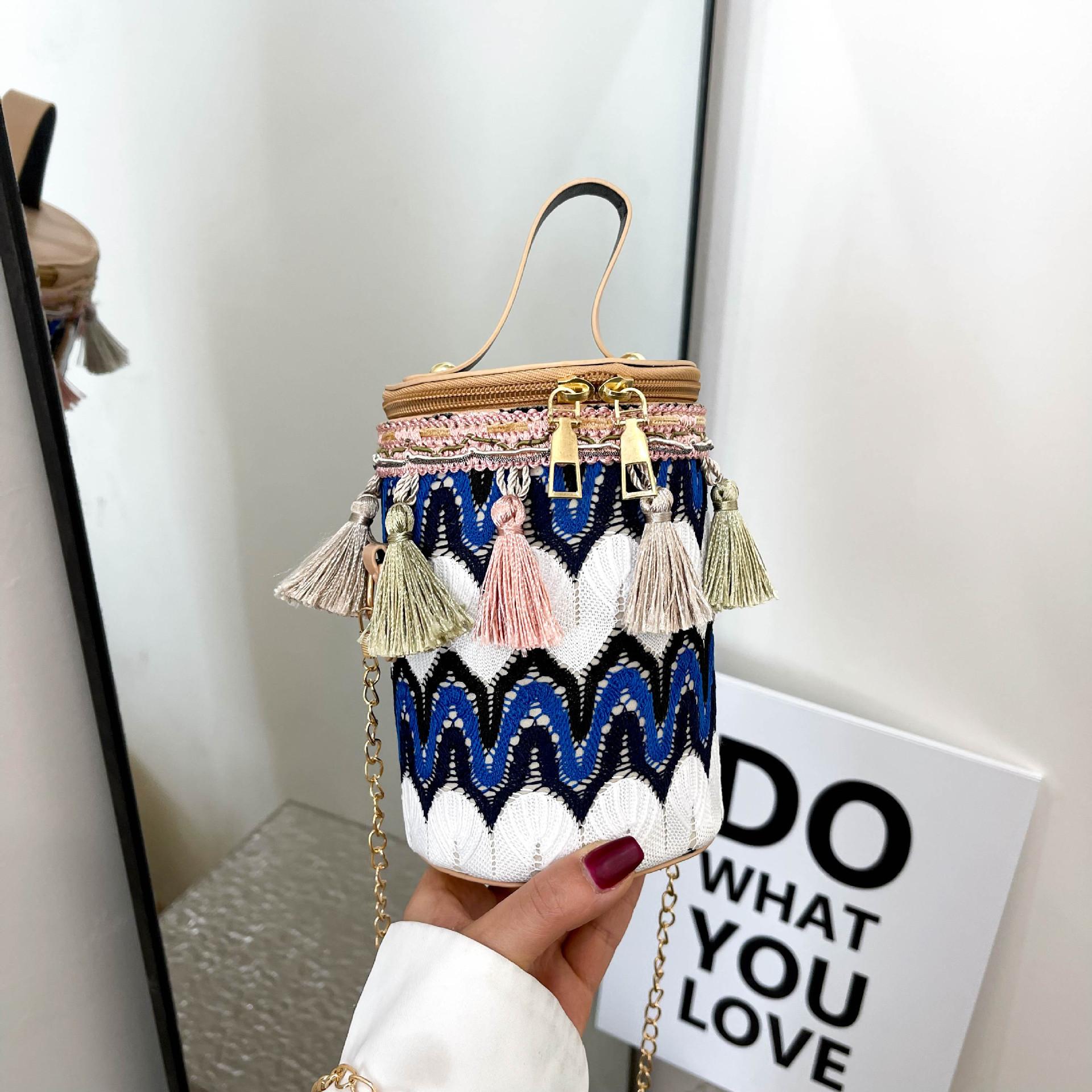 

Етнічний стиль плетена сумка жіноча 2024 новий колір сумка-відро з бахромою трендова хараджуку проста ланцюжок портативна коса сумка синій