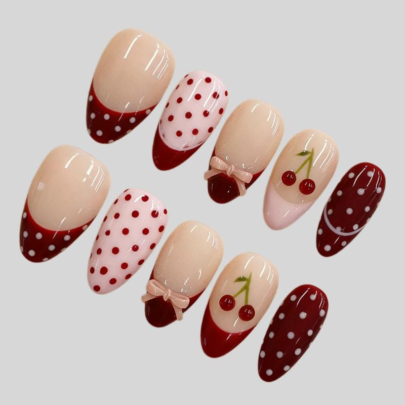 

30Pcs Fake Nails Sweet Pink French Polka Dots Bows and Playful Cherries—Press-On Nails Perfect as Gifts for Girls and Friends Medium Almond