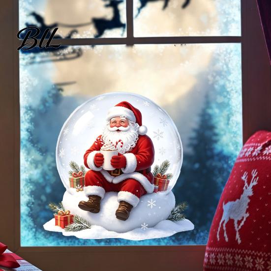 Holiday Gift for Friends Christmas Window Clings Decoration, Cartoon Santa Claus Sticker with Crystal Ball, Ball Wall Stickers Hot Cocoa, Reusable