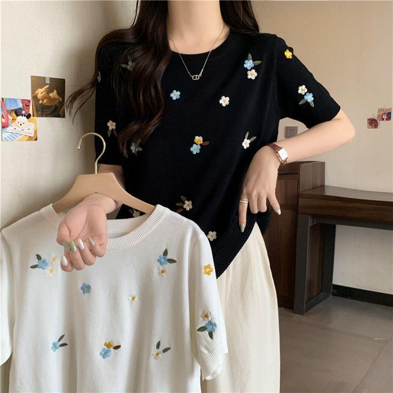 Ice Silk Slimming Temperament Top Women's Design Sense Knitted Shirt Summer Shoulder Short Sleeved T-shirt