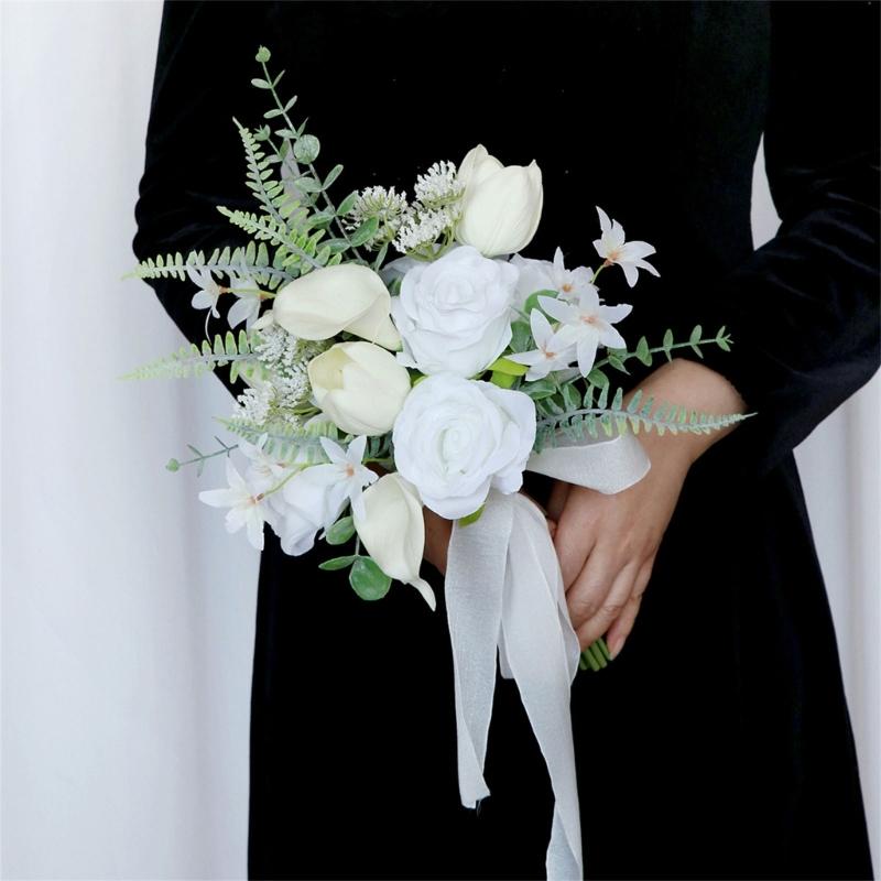 White Bridal Bouquets Wedding Bouquets with Ribbon for Bridal, Bridesmaids, Anniversary, Wedding Party Decorations