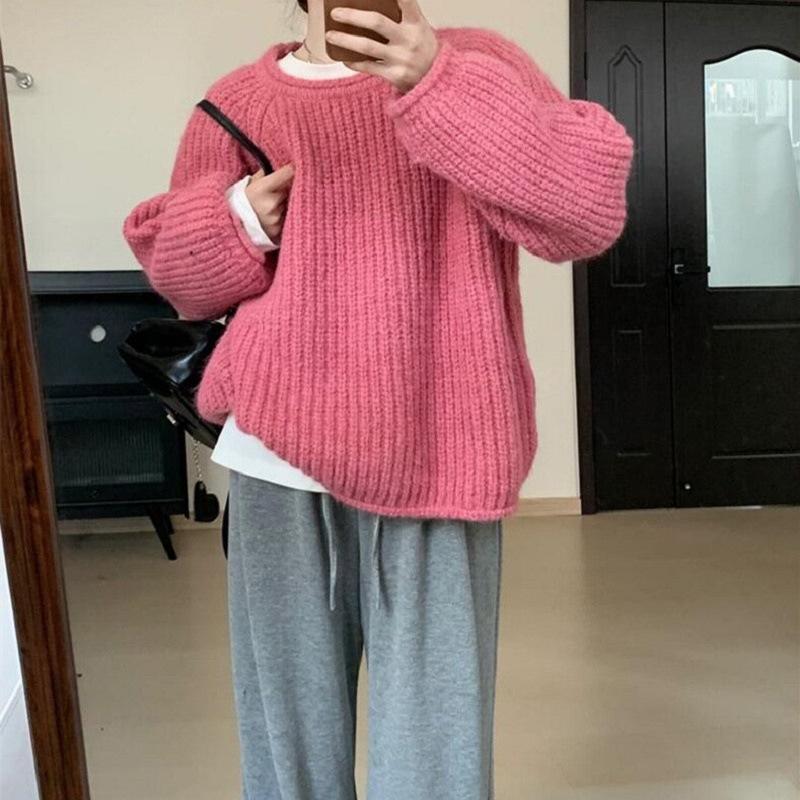 

Ленивый и расслабленный топ, кудрявый толстый свитер, женский осенне-зимний свободный и тонкий трикотажный свитер с круглым вырезом однотонной расцветки average size 56-305 розовый