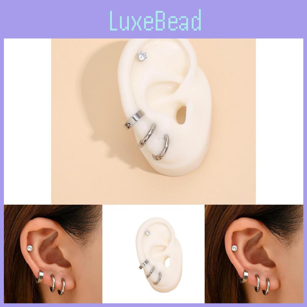 Elegant Geometric Silver Hoop Earrings Set Sparkling Design Rhinestone