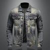 New Fashion Men's Spring and Autumn Heavy Work Hole Patch Men's Denim Jacket Top Retro Worn Coat