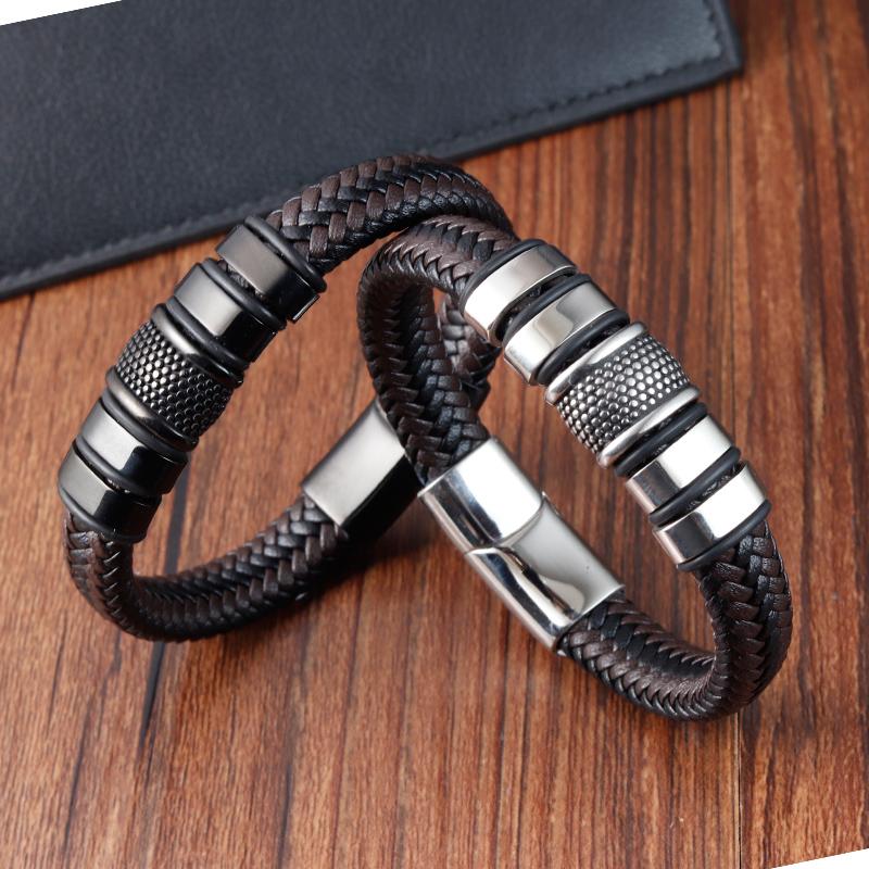 Fashion Handmade Men's Leather Bracelet Trendy Classic Charm Braided Wrap Stainless Steel Bracelets Punk Bangles