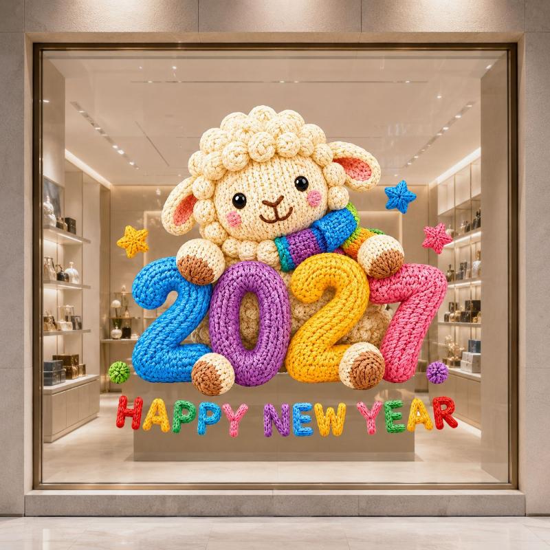 2027 Year Window Stickers Cute Crochet Sheep Pattern Removable Self Adhesive For Home Shop Holiday Window Decoration