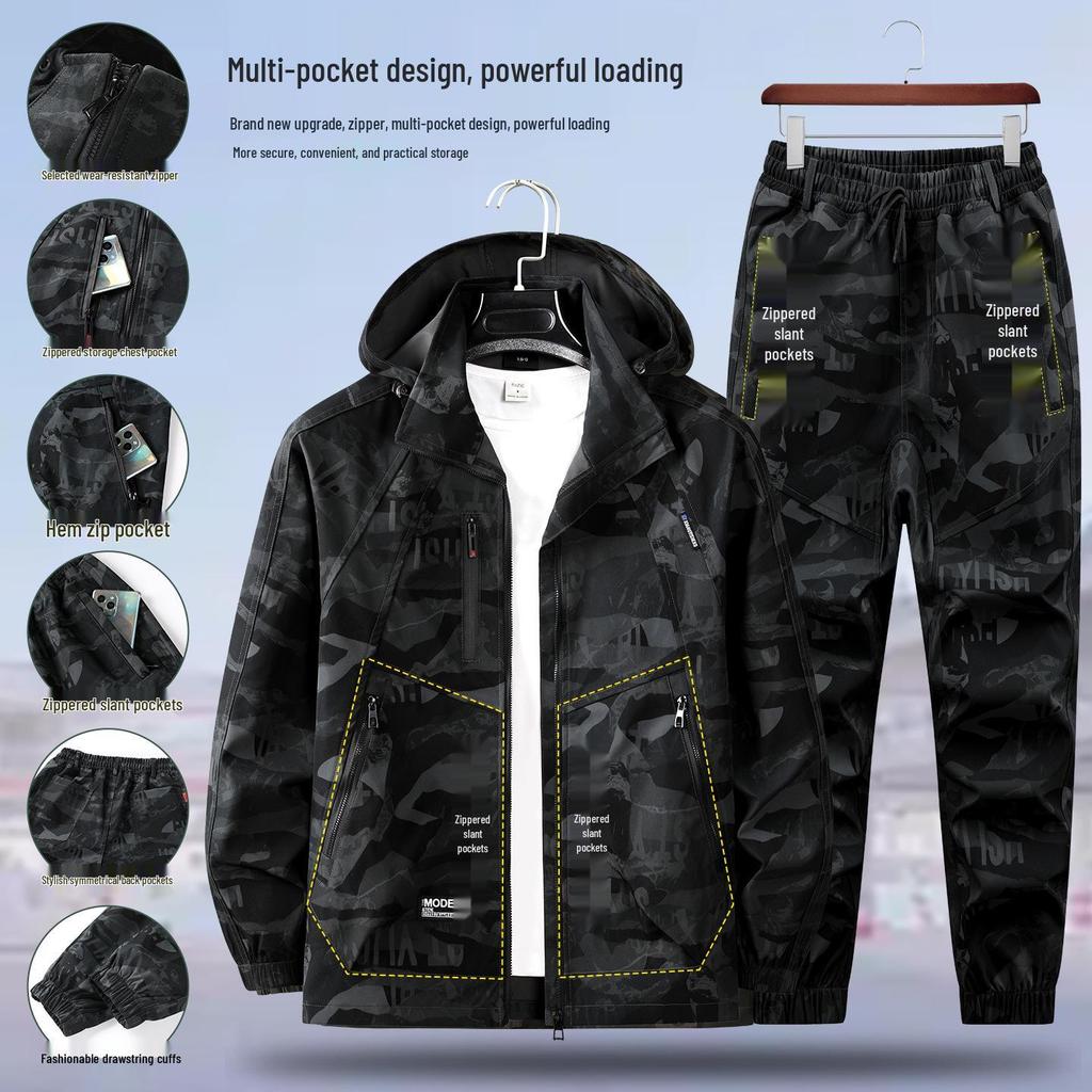 Men's Camouflage Hooded Workwear Set: Protective Mountaineering & Tactical Shell Jacket for Spring/Autumn