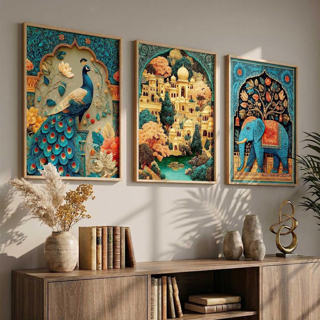 Kotart Madhubani Art Wall Painting Traditional Home Decoration With Frame For Living Room Bed Room Hotel Wall Decor Digital Reprint Set of 3