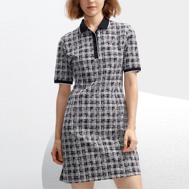 FILA SS24 Houndstooth Polo Neck Woven Casual Fashion Dress Women Dresses Legendary-Blue F11W411302F-NV