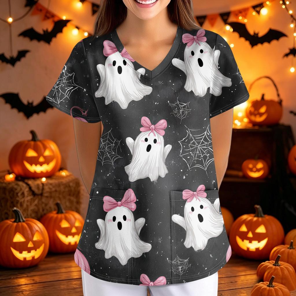 Womens Halloween Print Loose Fit V Neck Short Sleeve Medical Scrub Top Nurse Uniform with Pockets Lightweight Comfortable Workwear