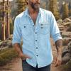Camisa Jeans Casual de Trabalho Masculina Cor Sólida Lavada com Botões Manga Longa com Dois Bolsos no Peito