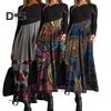 Women Dress Slant Neck Patchwork A-line Hem Colorful Printing Pleated Long Sleeves Bohemian Style Loose Maxi Dress