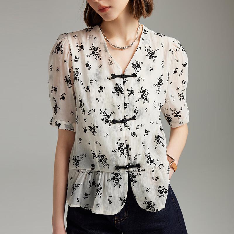 Neue chinesische Chiffon-Bluse mit kurzen Ärmeln