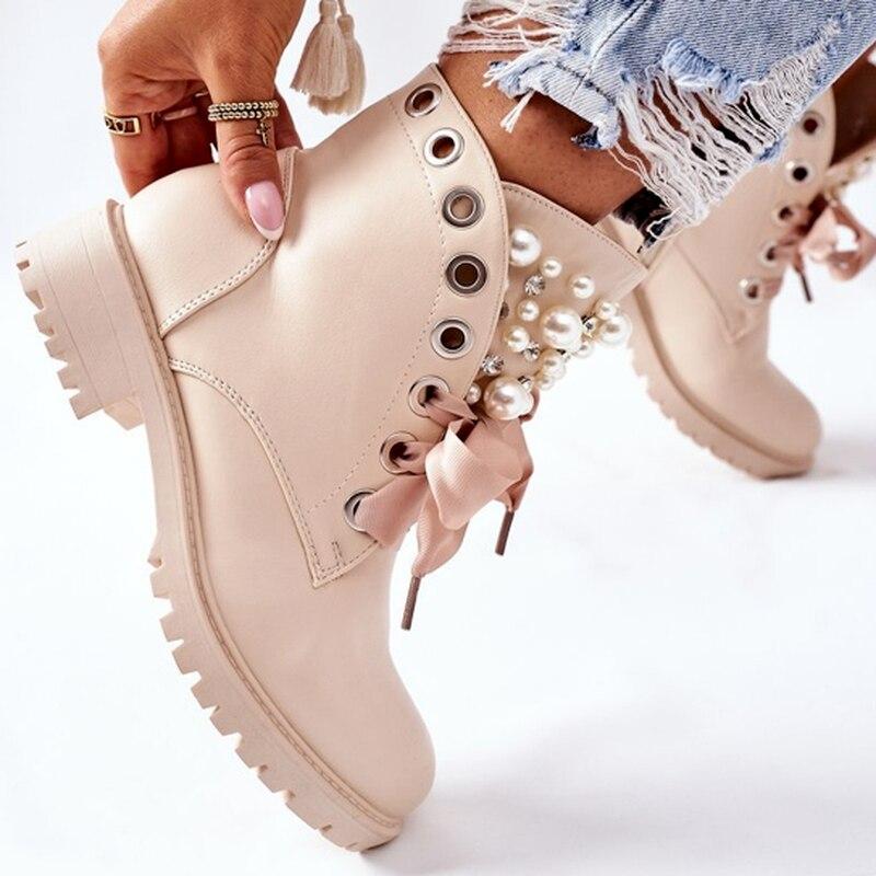 Botine scurte de damă din piele PU, toamnă 2021, cu platformă nouă, la modă, punk, cu șireturi, decorare cu perle, cizme de motocicletă pentru femei