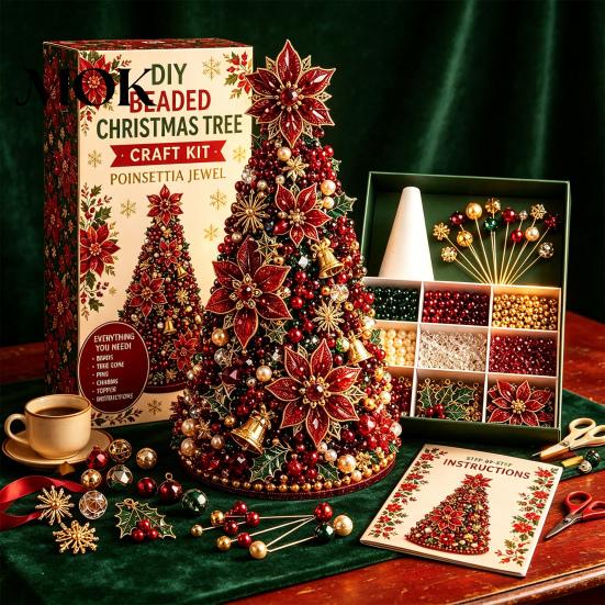 Beaded Tree Craft Kit DIY Christmas Beading for Adults Beginners, Handmade 3D Ornament with Full Relaxing Activity Tools And Plastic Beads Desktop