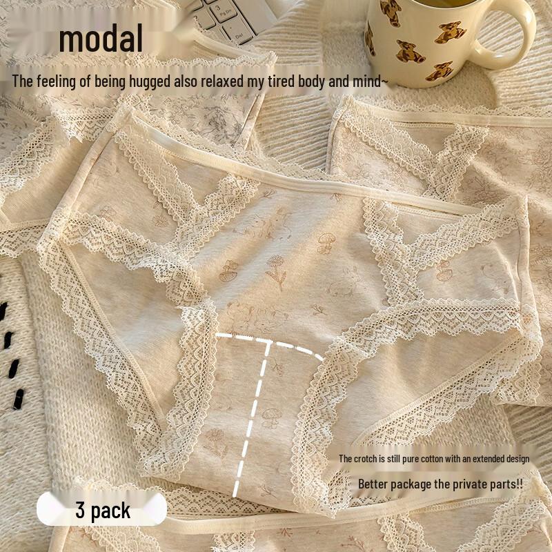 

Women s French Lace Mid-Waist Modal Cotton Panties - 3 Pack L (95-110 lbs)