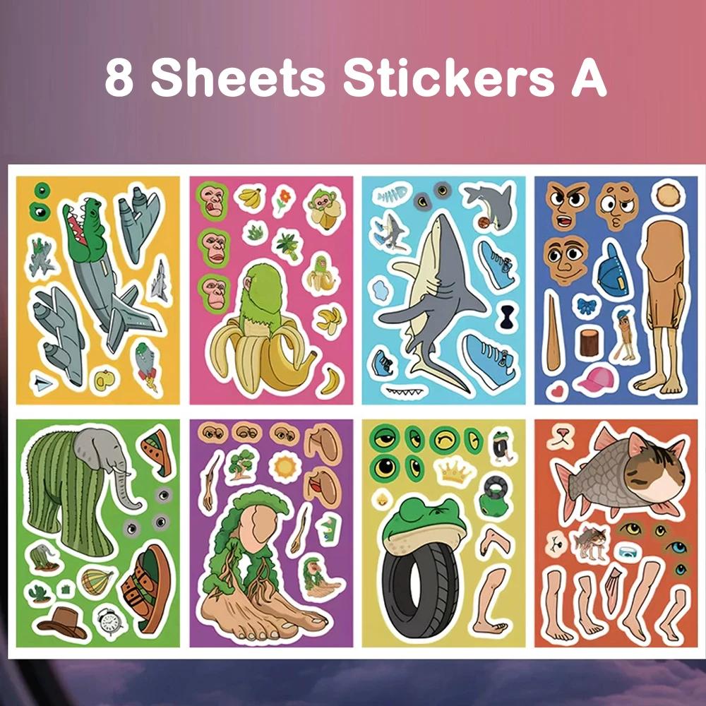 16/8 Sheets Italian Brainrot Sticker Tungtungtung Sahur Tralalero Tralala Shark Stickers Make a Face Puzzle Game Birthday Gift