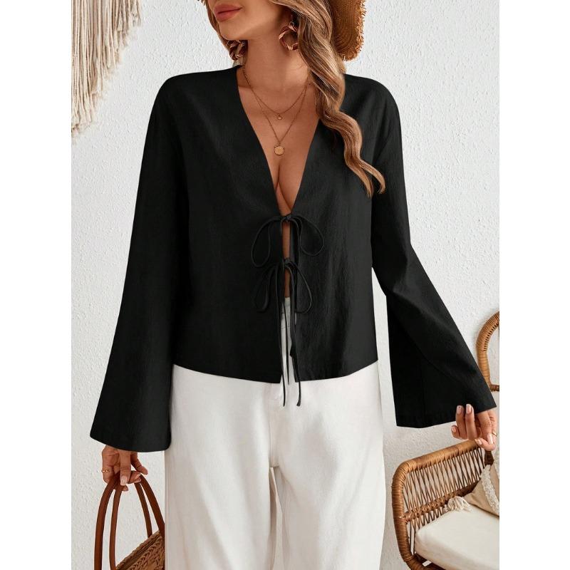 

Жіночі модні повсякденні блузки та сорочки YYFS, весна-осінь, однотонні принти з довгим рукавом і V-подібним вирізом XL чорний