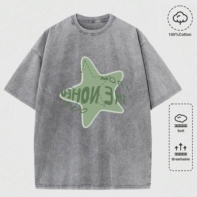 Graffiti Pentagram Print Washed T Shirt Mans O-Neck Casual Fashions Top Cotton Loose Clothes Men T-Shirts