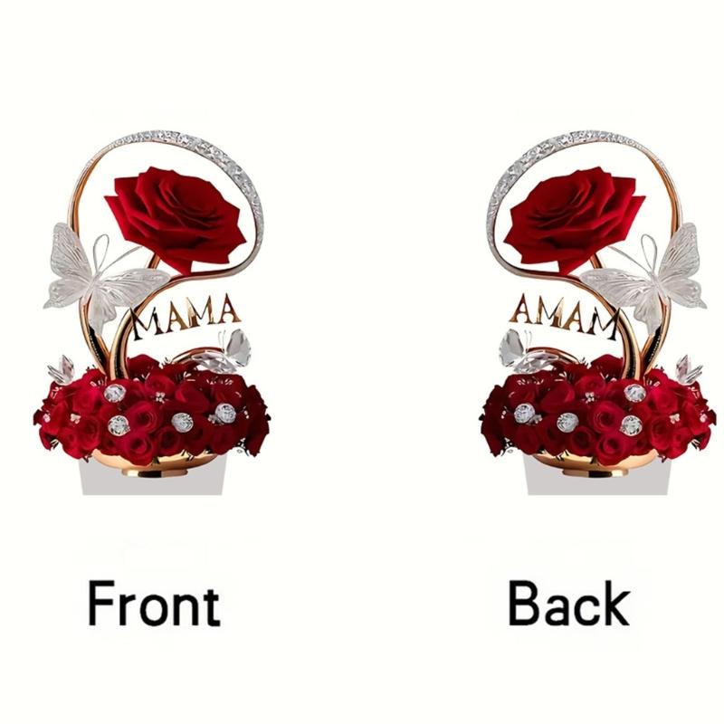 Red Rose 2D Acrylic Art Piece Ornament with Base for Christmas Mothers Day Gift Durable Desktop Shelf Decoration