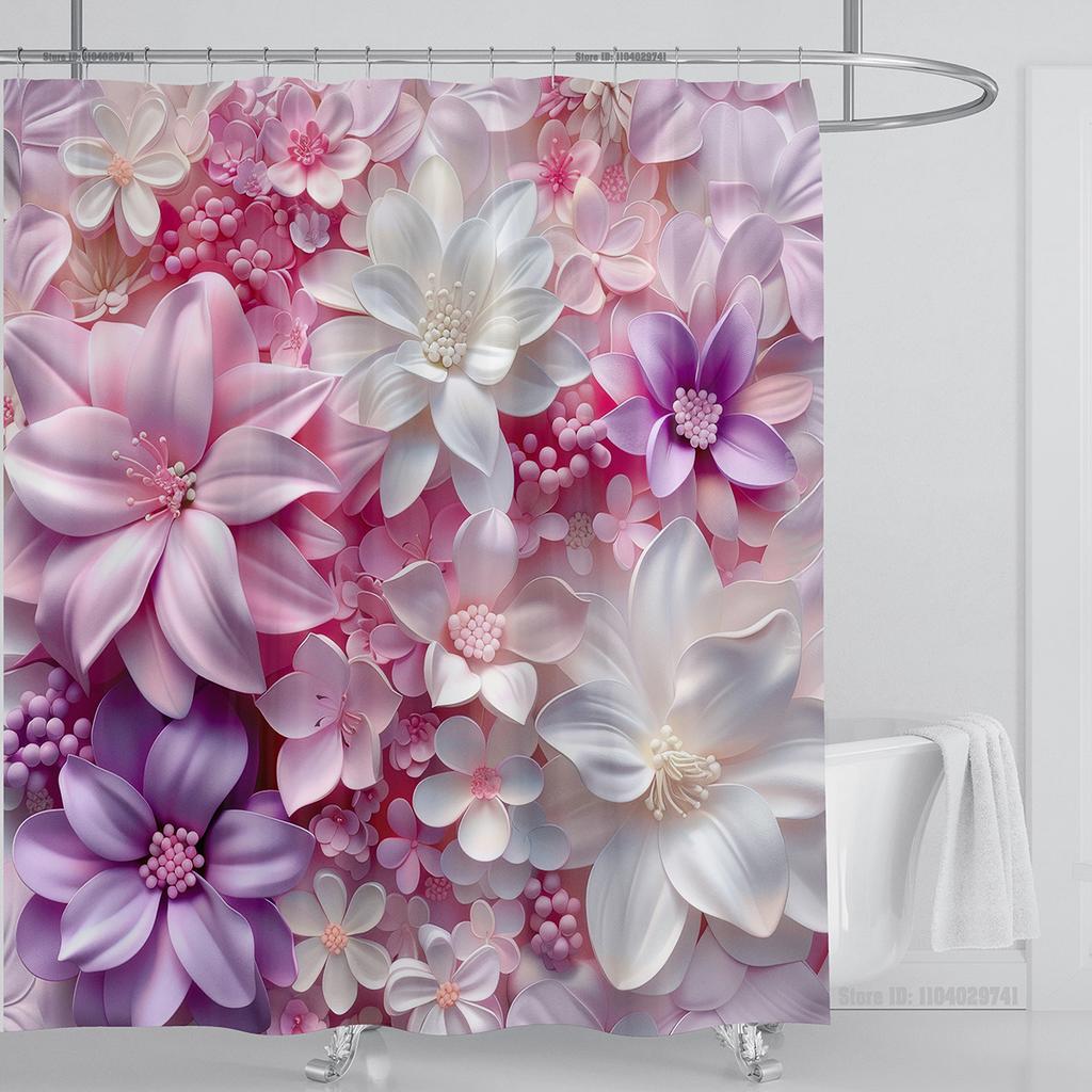 3D Red Floral Shower Curtain Set Pink Flower Design Fabric Bathroom Decor Waterproof Washable Shower Curtain Set with Hooks