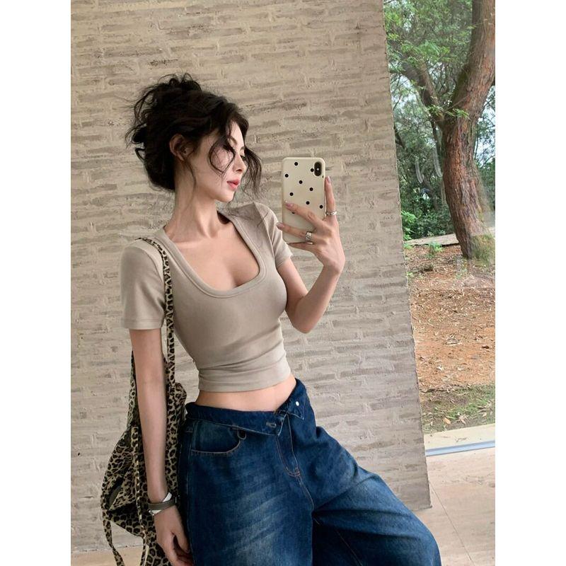 Summer Simple Basic Style Slim-Fit Low U-Neck Short-Sleeve T-Shirt for Women, Sexy Crop Top