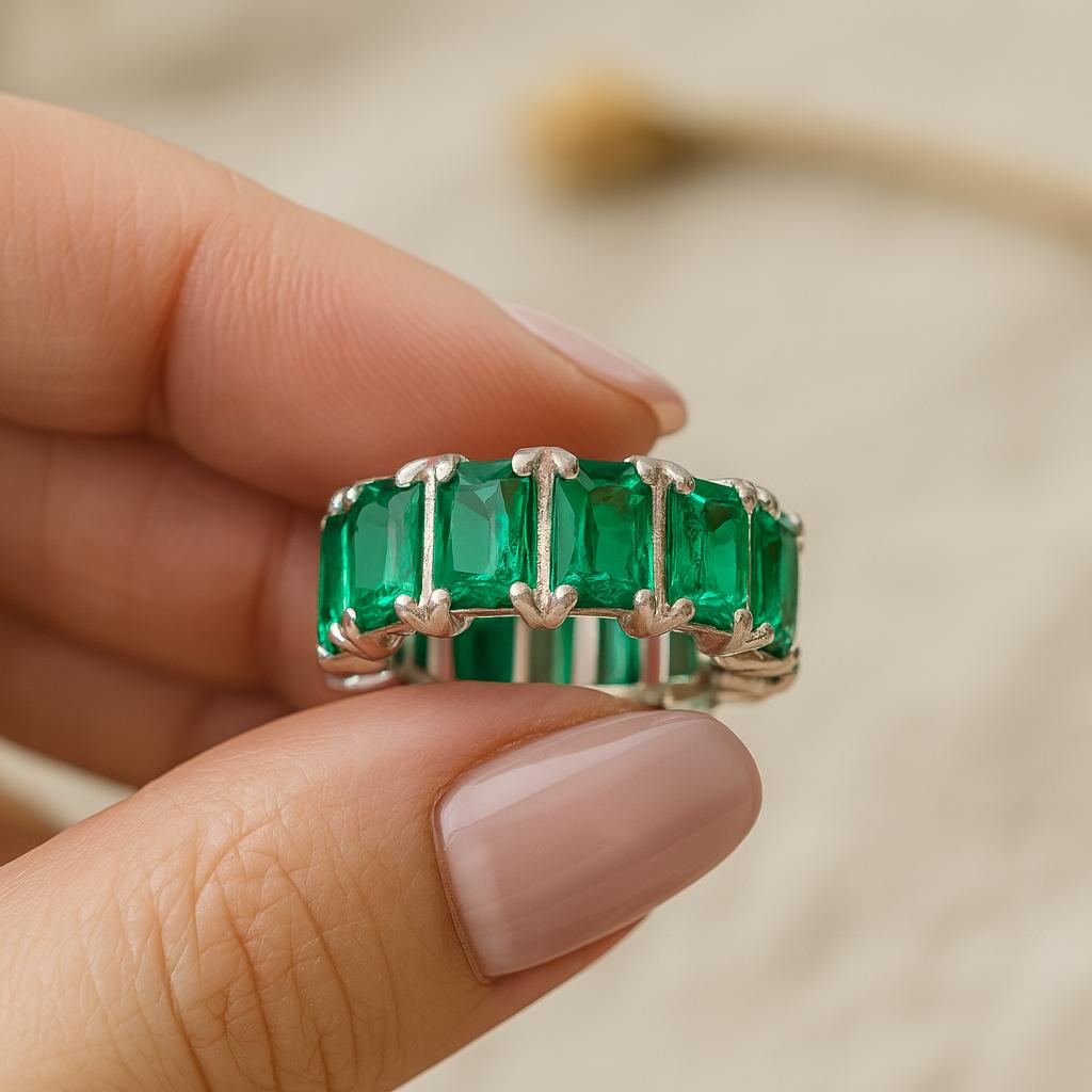 Wedding Engagement Anniversary Promise Gift – Baguette Emerald Eternity Band, May Birthstone Stackable Matching Ring, Elegant Jewelry for Women