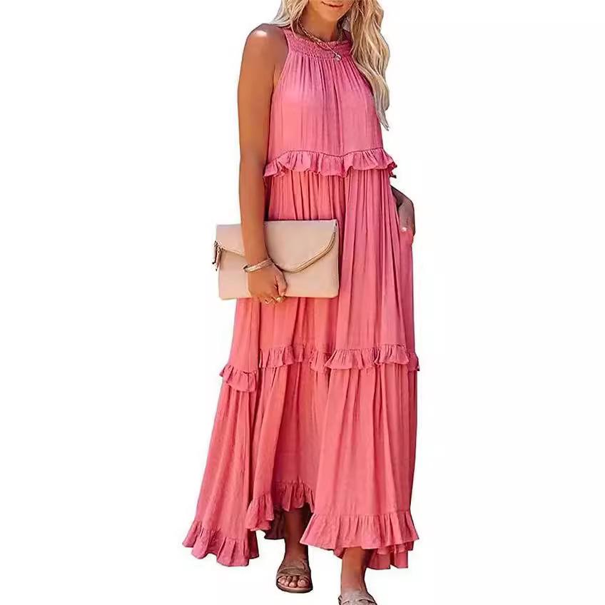 European and American 2025 Summer Ruffle Long Dress - Women's Flowing Holiday Beach Style