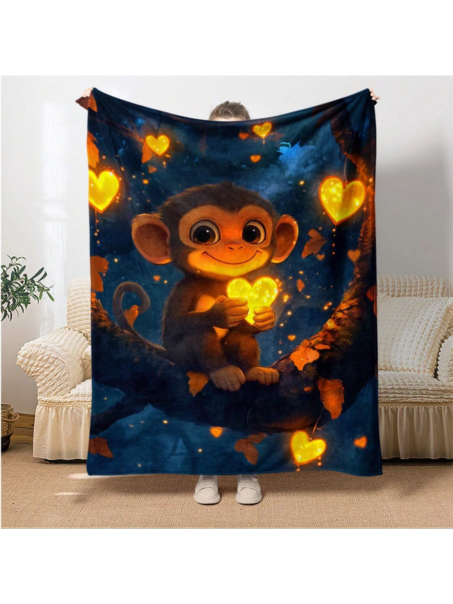 

Monkey And Glowing Hearts HD Print Blanket - Lightweight Flannel Throw For Sofa. Bed.Travel Livingroom.Office.Couch And Bed - 75X95CM серый