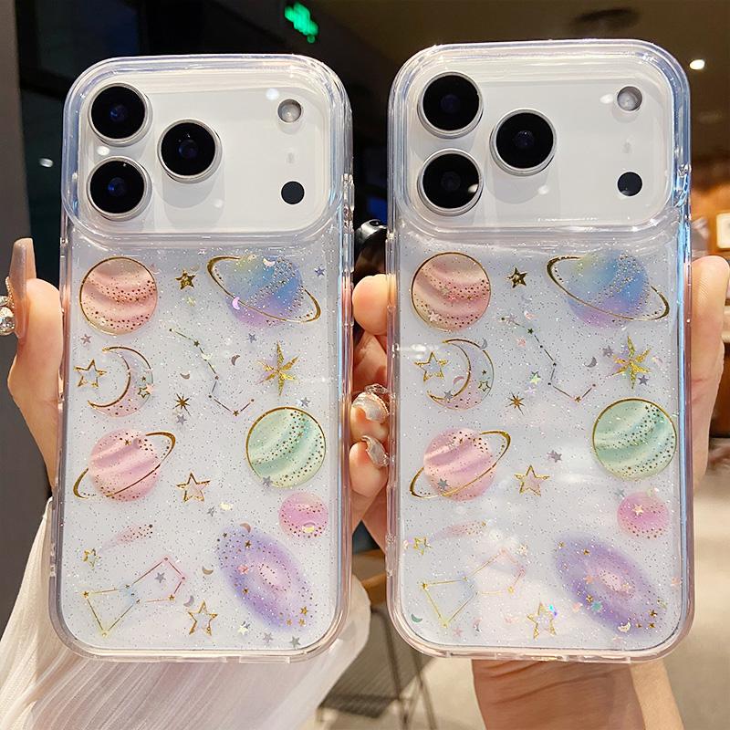 Luxury Glitter Sequins Planet Clear Phone Case for IPhone 17 Air 16 15 14 13 12 Pro Max Transparent Epoxy Silicone Cover Capa