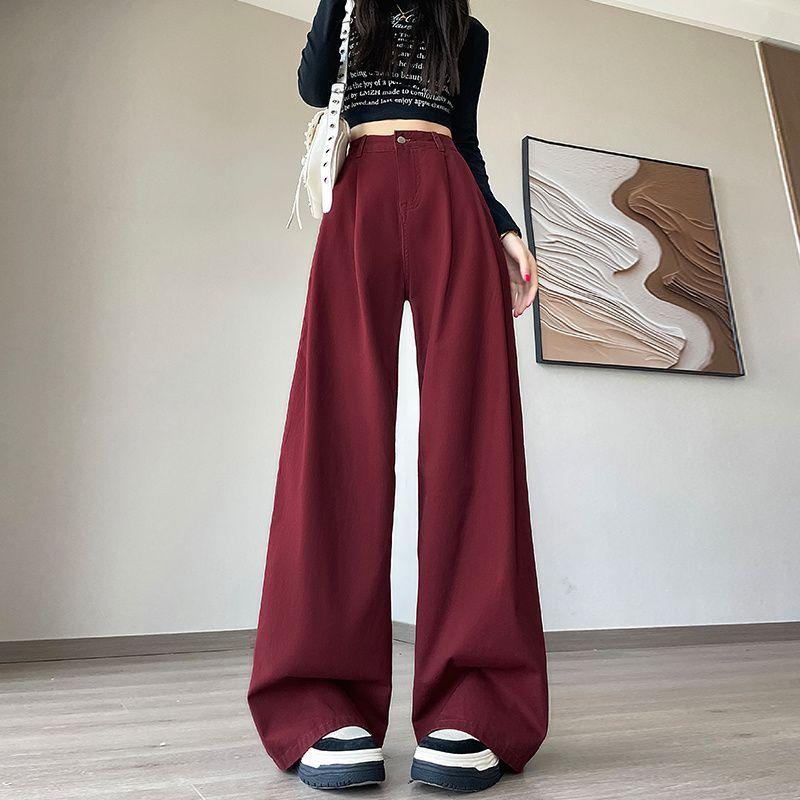 Retro Red Jeans for Women In Autumn New High Waist Cover Hips and Slimming Design Straight-leg Floor Pants