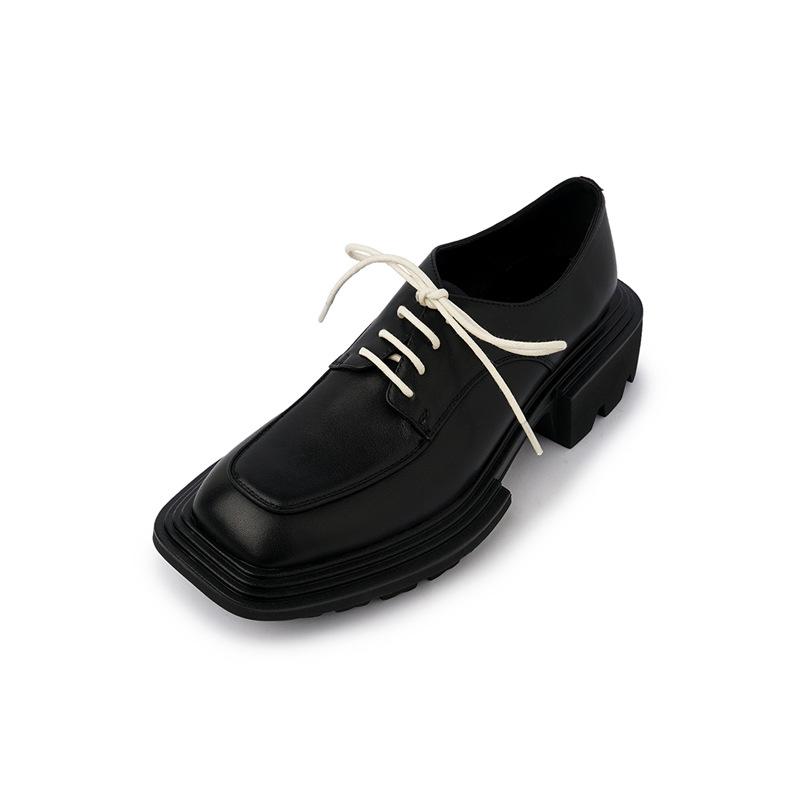 College Style Square Head Loafers 2025 Spring Cowhide Lace-up Cao Cake Height Increase Casual Single Shoes Women's Casual Versatile