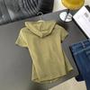 Hooded Shoulder Short Sleeve T-Shirt Women's Summer Large Size Slim Skinny Chic Belly Cover Zipper Sweater Jacket Trendy Fitted Hooded Zip-up Top