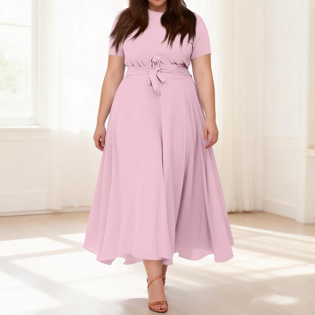 Women's Casual Fashion Large Size Color Round Neck Short Sleeve Pocket Straps Swing Dress