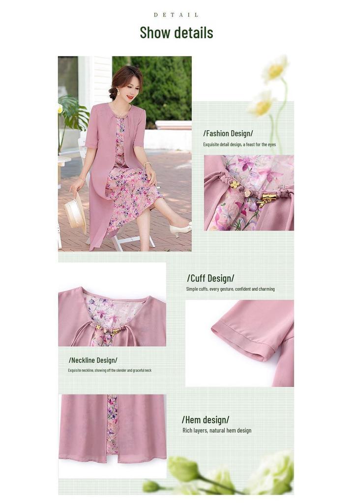 Mom's Summer New Chinese Short Sleeve Plus Size Chiffon Dress for Middle-Aged & Elderly Women - National Style Belly Cover