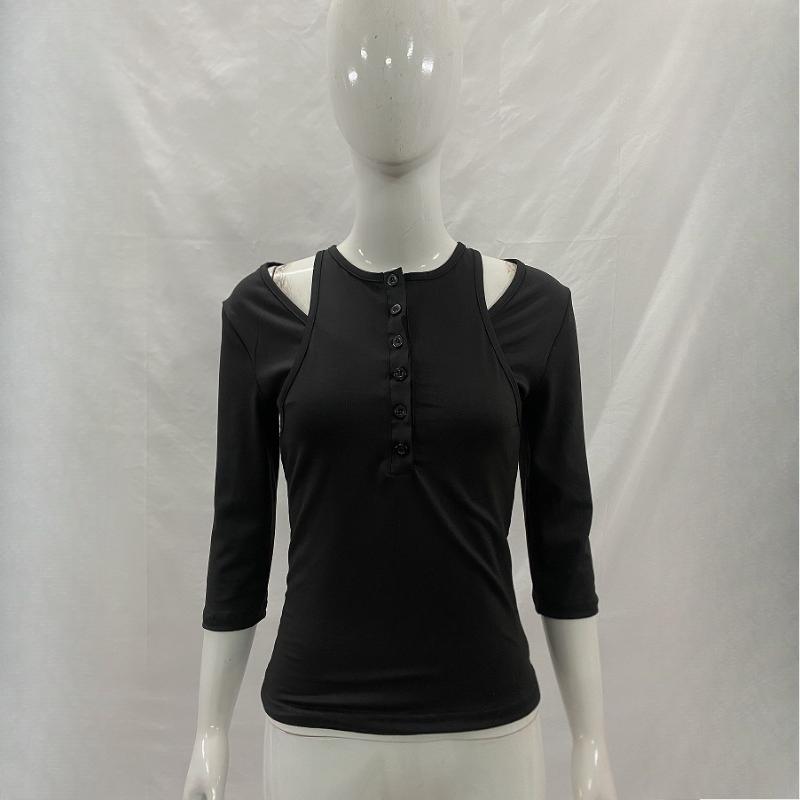 

Y2K solid color two-piece layered slim fit women s clothing for spring and autumn casual mid sleeved top S чёрный