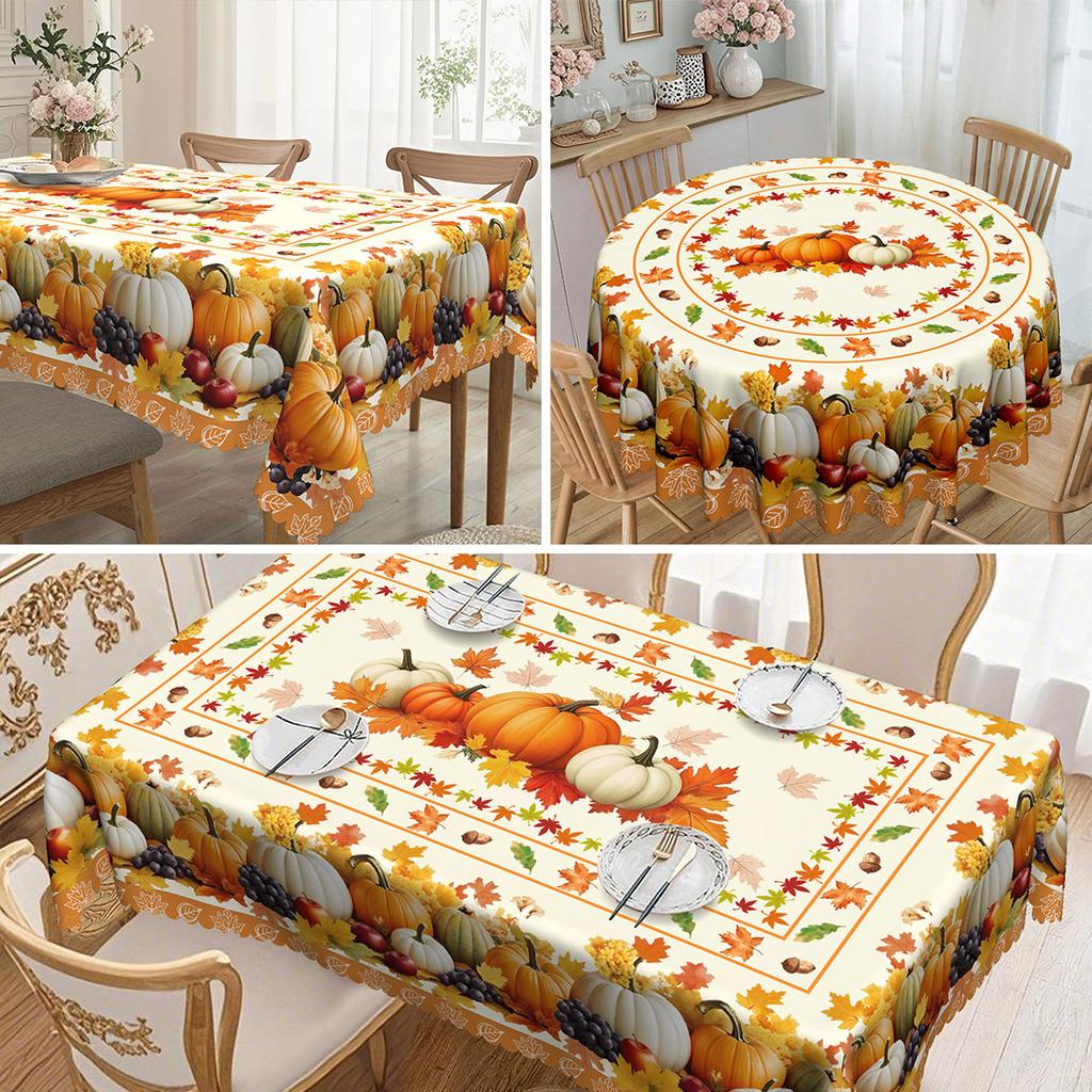 Waterproof And Oil-Proof Dining Table Cloth, Autumn Harvest-Themed Pumpkin, Grape, Maple Leaf Printed Round Rectangular Tablecloth