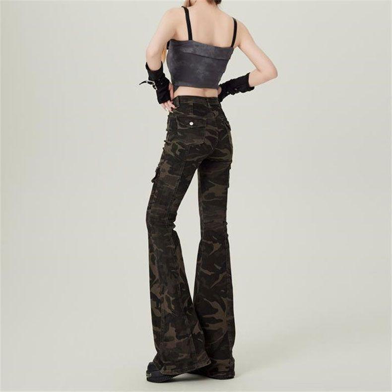 Vintage Camouflage Work Micro Flare Jeans Women Design High Waisted Trousers Slim Drapey Dragging Trousers Jeans for Women Long Denim Pants