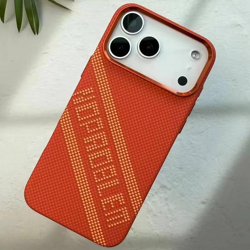 Carbon Fiber Texture Orange Case for iPhone 17 Pro Max / 17 Pro Magnetic Wireless Charging Alloy Lens Protection PC Cover