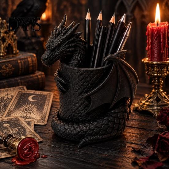 Decorative Pen Pot 3D Printed Gothic Dragon Holder, Coiled Figurine Stationery Cup, Dark Fantasy Desktop Accessory Desk Organizer, Halloween Tabletop