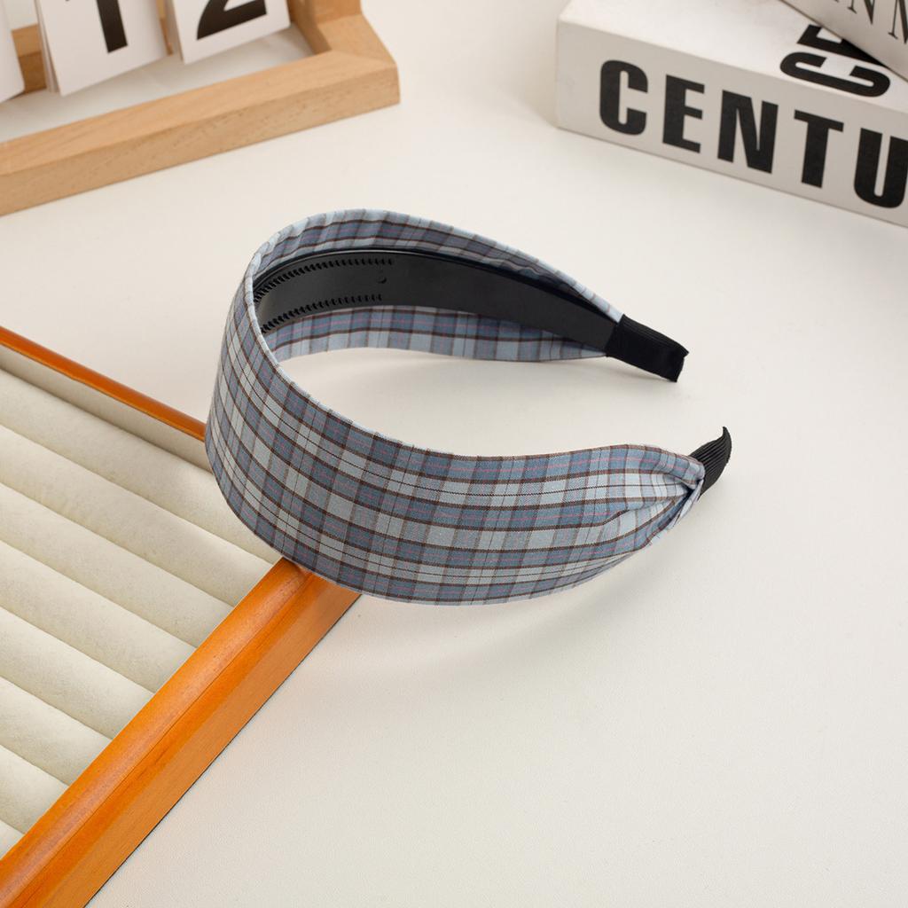 New Checkered Wide Fabric Headband Sweet Academic Vintage Hair Band Non-Slip Toothed Design Korean Retro Hair Accessories