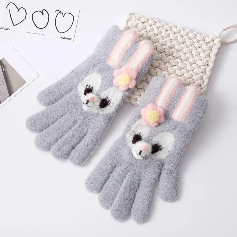 5-12 Years Winter Children Girl Knitted Warm Soft Cartoon Rabbit Full Finger Outdoor Lovely Girl Gloves