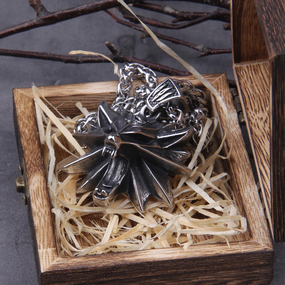 Stainless Steel Viking Necklace Wizard 3 Wild Hunt Pendant Geralt Wolf Head Jewelry with Wooden Box Gift