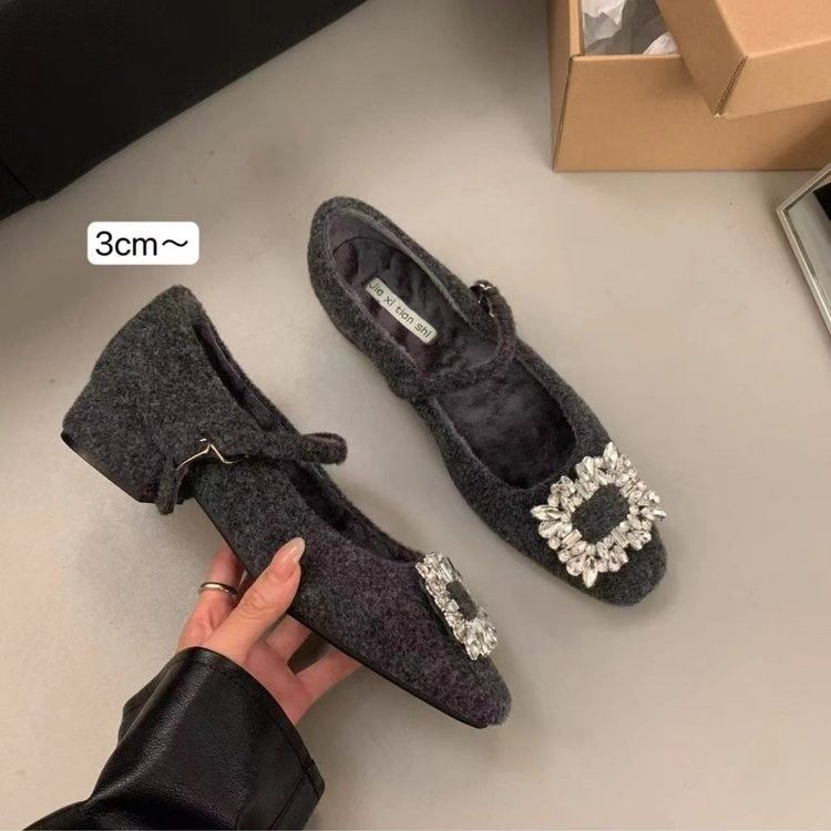 French Low-heeled Black Evening Single Shoes Women's Shoes 2025 Autumn and Winter Rhinestone Square Head Plush Mary Jane Fluffy Shoes