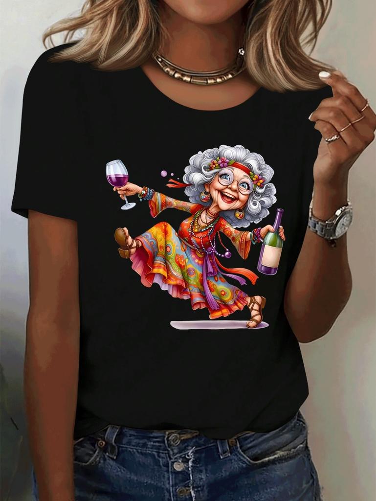 Elegant Granny Graphic Print Women's Summer Casual Short Sleeved T-Shirt Cute Playful Round Neck Tees Top Casual Woman Clothes