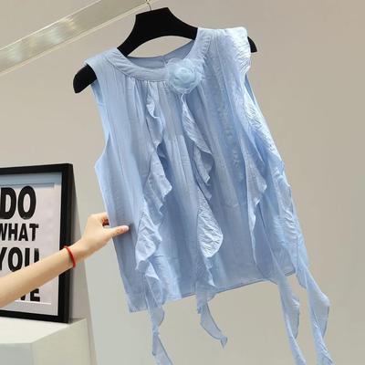 Women Round Neck 3D Flower Decor Ruffled Sleeveless Textured Casual Blouse Top