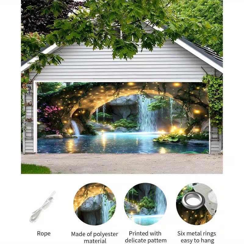 2D Fantasy Cave Waterfall Garage Door Tapestry Enchanted Forest Background Cloth