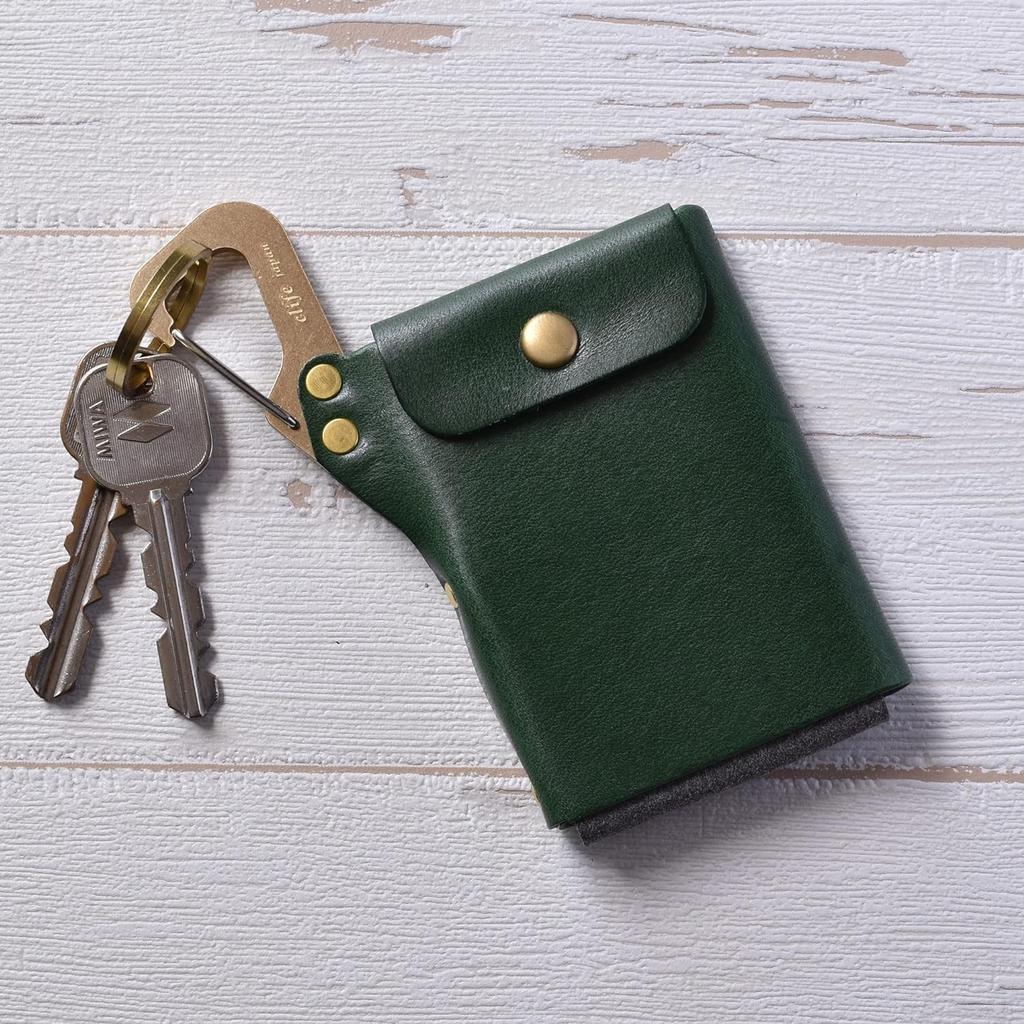 Cliff Men's Card Case with Carabiner, Made In Japan, Leather and Brass (Navy)